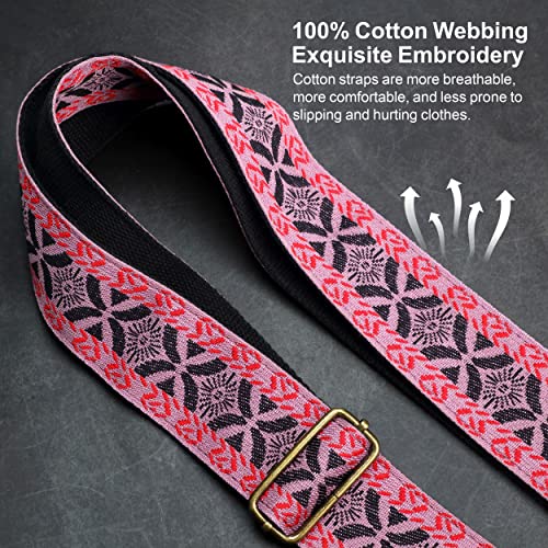 Image of Nefelibata Guitar Strap,Jacquard Embroidery Cotton Guitar Straps with Crazy Horse Leather Leather Ends for Bass, Electric & Acoustic, Best Gifts for Kids, Guitarists(Embroidered red)