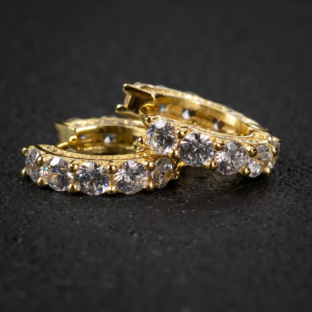 Men's Women's Elegant Fully Iced Cz Unisex Yellow Gold Plated 925 Sterling Silver Post Hoops Big Stone Cubic Zirconia For Sensitive Ears Hypoallergenic 12mm Huggie Hoop Earrings Jewelry Gift For Men And Women - Image 6