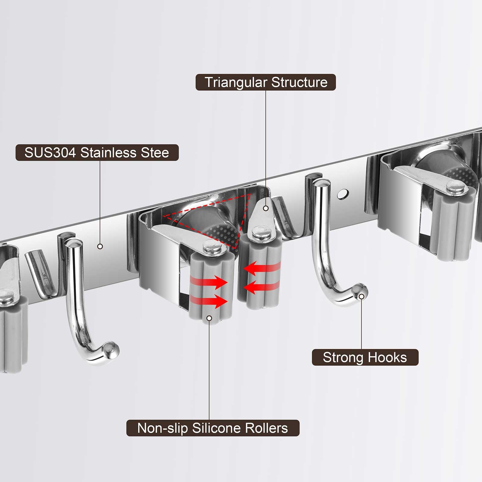 Soporte de pared para escobas, colgador de fregona de acero inoxidable, ganchos resistentes para garaje, lavandería, organización y almacenamiento, gris (5 estantes y 4 ganchos)