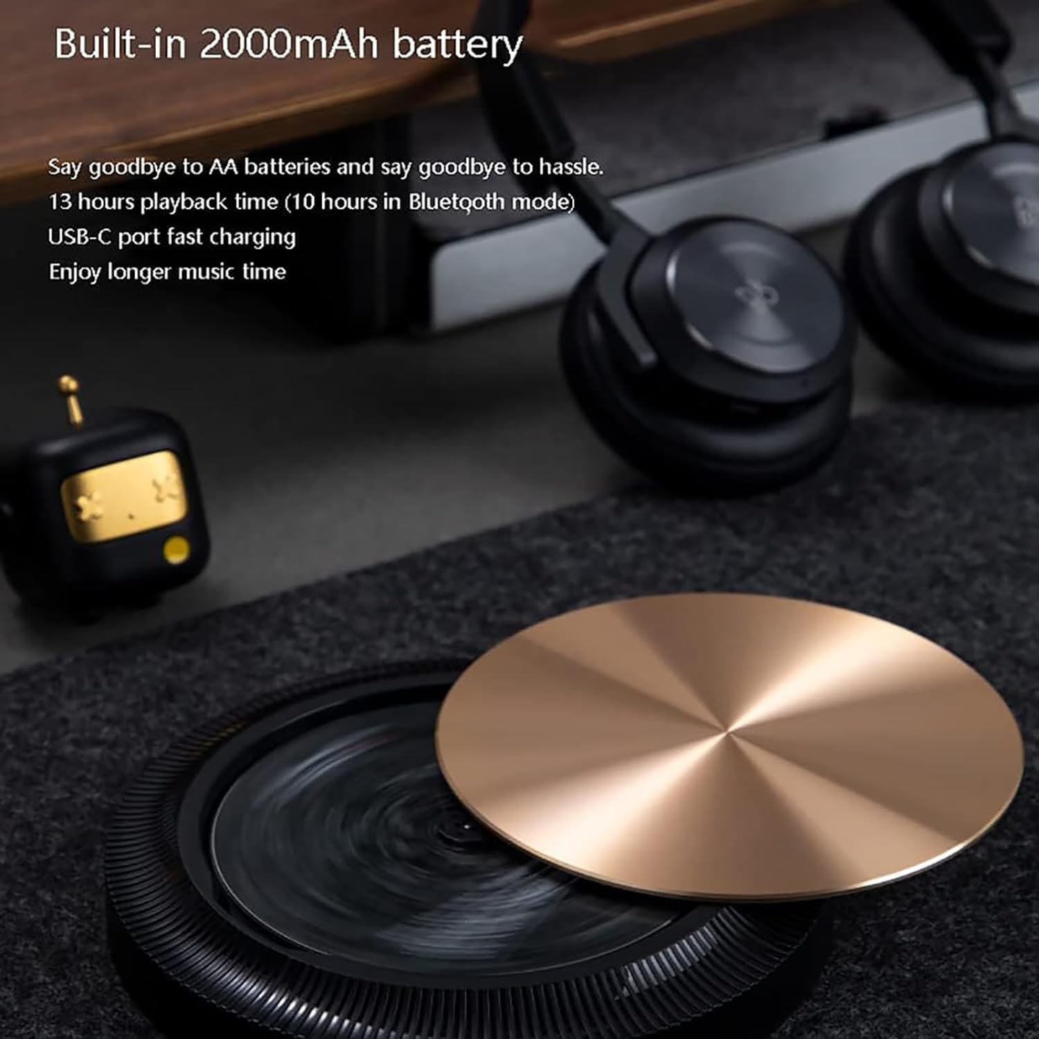 Lettori CD portatili piccoli con porta auricolare da 3,5 mm, altoparlante CD personale ricaricabile, effetto audio Hi-Fi e supporto Bluetooth/vari tipi di CD, batteria integrata da 4000 mAh (nero)