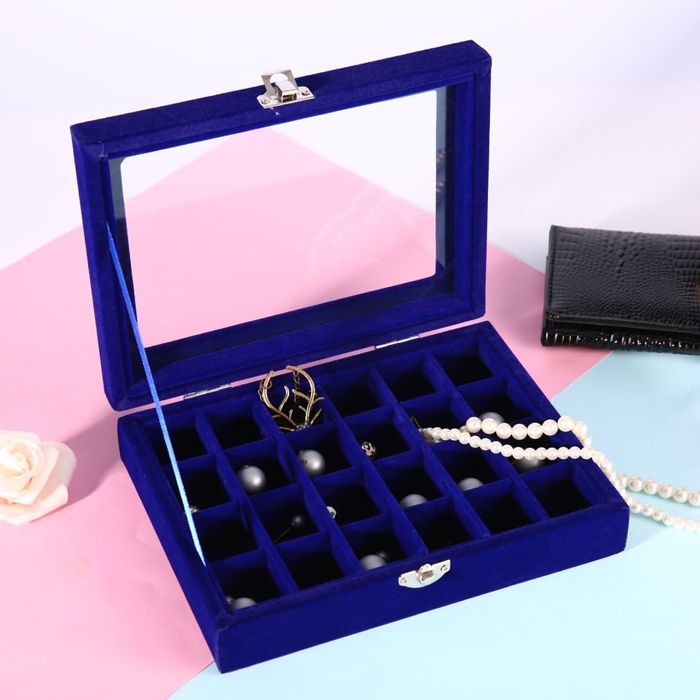 24 Grids PU Velour Leather Multipurpose Jewellery Storage Box Ring/Earrings/Necklace Tray Display Case Organizer - Dark Blue
