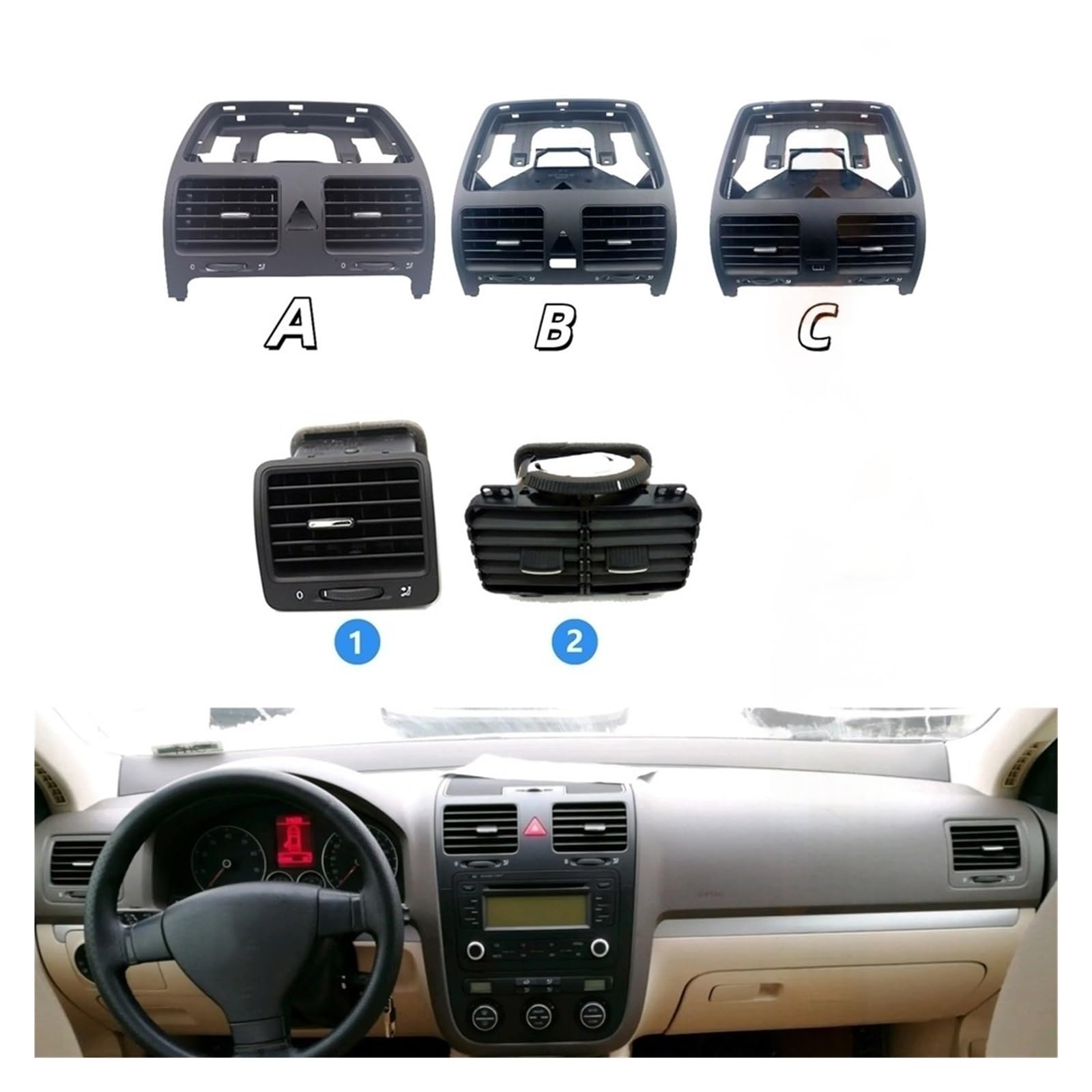 Golf MK5 5 (2004-2011), czarna kratka wentylacyjna do deski rozdzielczej, klimatyzacja, okno wentylacyjne, czarna, środkowa B