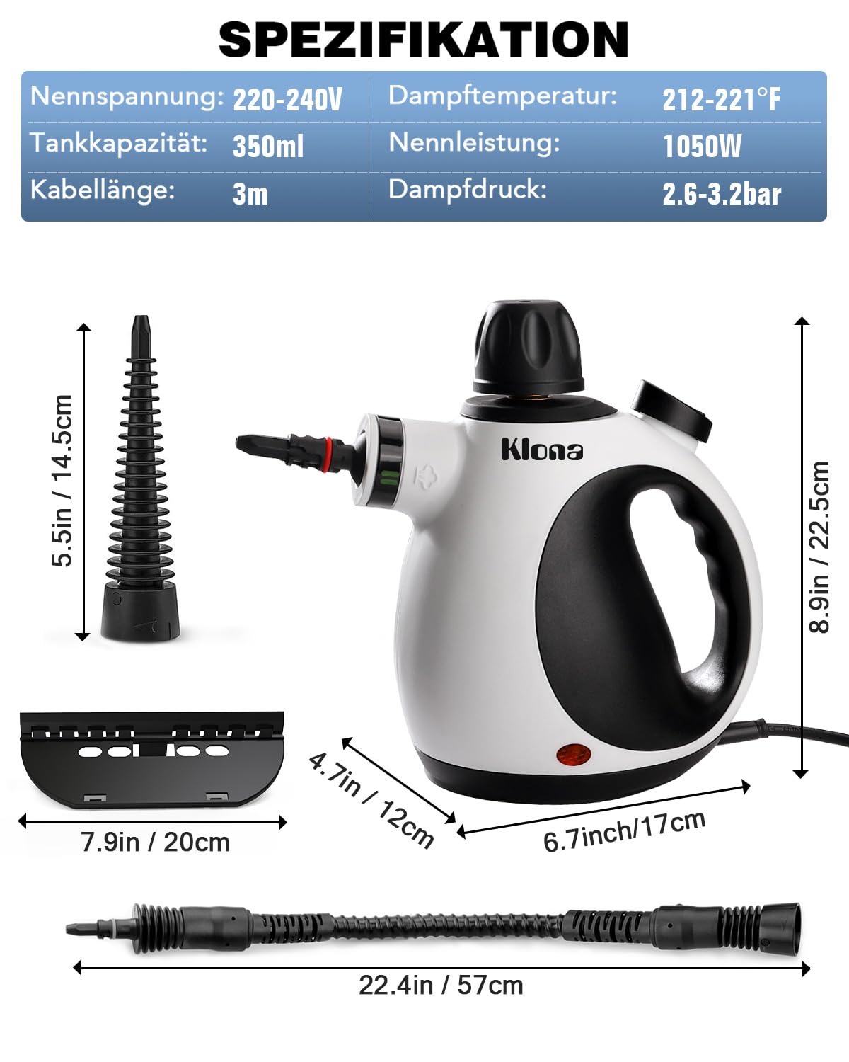 KLONA Handdampfreiniger, Dampfreiniger für Zuhause, Mehrzweck-Dampfreiniger mit 10 Zubehörteilen für Teppiche, Vorhänge, Sofas, Küche, Badezimmer und mehr.