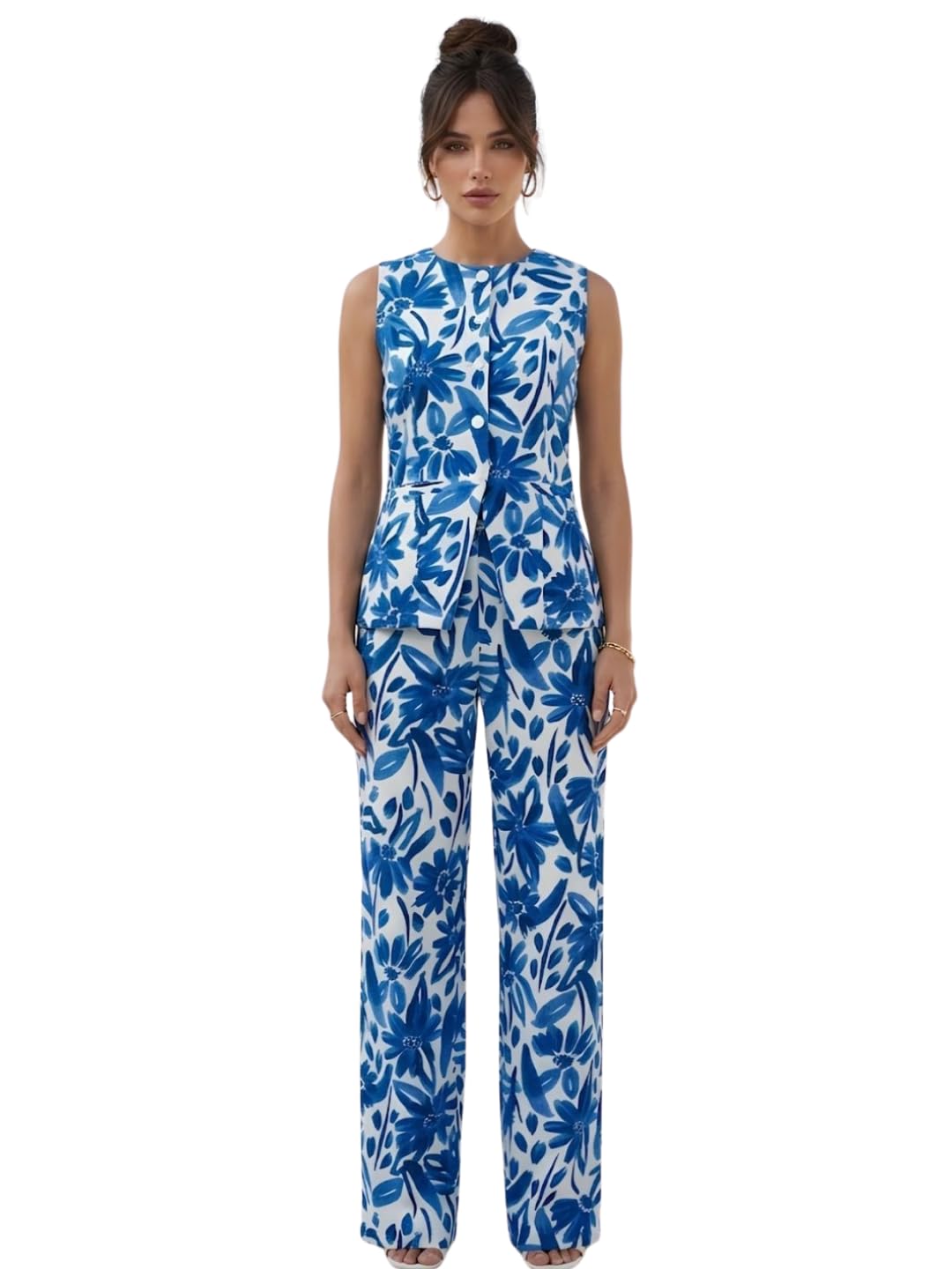 Women's 100% Pure Cotton Blue Floral Printed Waistcoat Co-ord Set | Round Neck Sleeveless Top with Trousers & Pocket | Comfortable Co-ord for Office, Casual-image-28