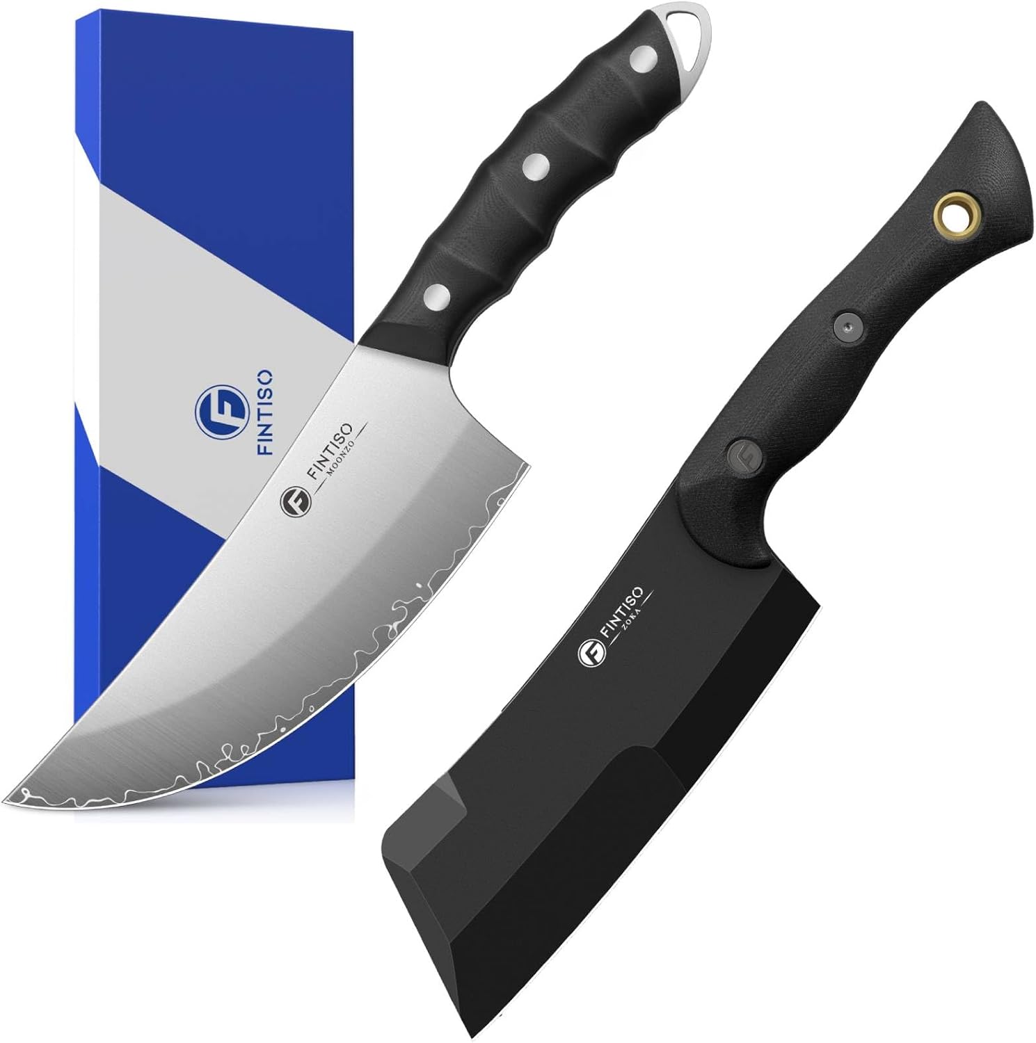 FINTISO 6.9 Inch 5-Layer High Carbon Stainless Steel Butcher Knife and 5.5 Inch Black 14C28N Blade Meat Cleaver Butcher Knife