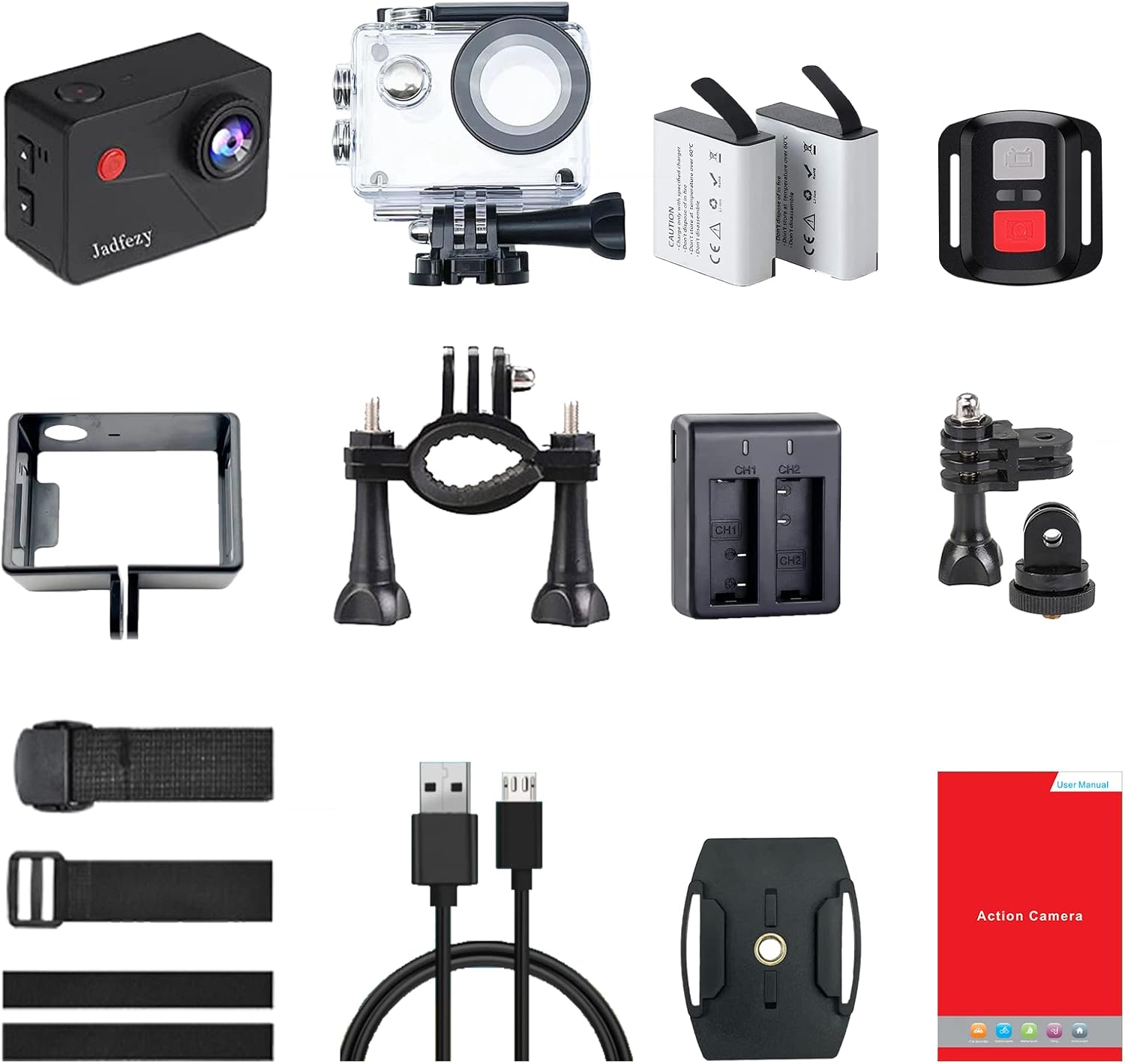 All components of the Jadfezy J-5000 4K Action Camera package laid out, including the camera, waterproof case, two batteries, remote control, charging base, various mounts, straps, USB cable, and user manual.
