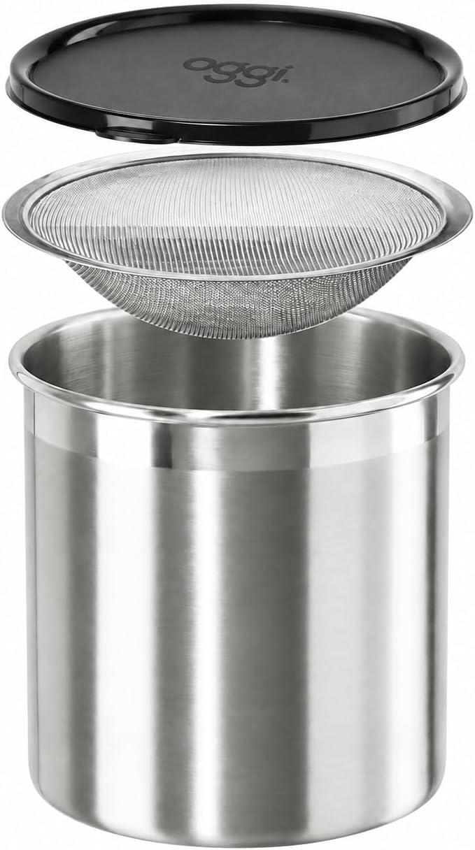 Oggi Stainless Steel Jumbo Grease Container with Removable Strainer and Snug Lid. Perfect container for fryer oil, bacon drippings, lard and ghee oil. Large capacity can - 1 Gall / 4 Qt / 3.75 Lt