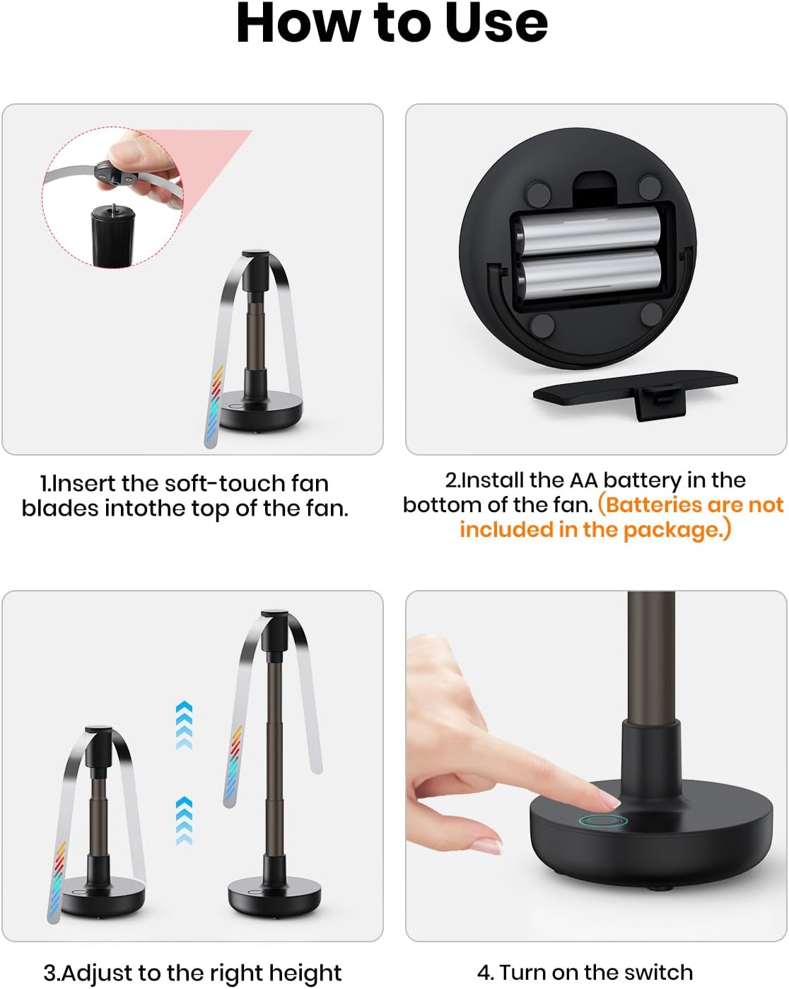 TOPK 4 Pack Fly Fans for Tables, AA Battery Powered Portable Scalable Indoor Outside Food Fly Fan for Picnic, Party, Restaurant, Kitchen and BBQ