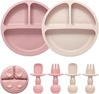 Eascrozn Silicone Feeding Set: 2 Divided Toddler Plates with Suction + 2 Utensil Packs (Spoons & Forks), BPA-Free Baby Led Weaning Essentials