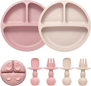 Eascrozn Silicone Feeding Set: 2 Divided Toddler Plates with Suction + 2 Utensil Packs (Spoons & Forks), BPA-Free Baby Led Weaning Essentials