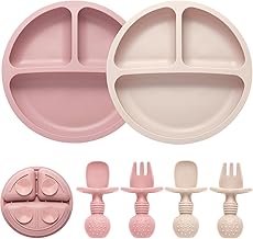 Silicone Feeding Set, 2 Pack Divided Toddler Plates with Suction, 2 Pack Utensils - Spoons & Forks, BPA Free, Baby Led Weaning Supplies