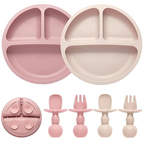 Eascrozn Silicone Feeding Set, 2 Pack Divided Toddler Plates with Suction, 2 Pack Utensils - Spoons & Forks, BPA Free, Baby Led Weaning Supplies