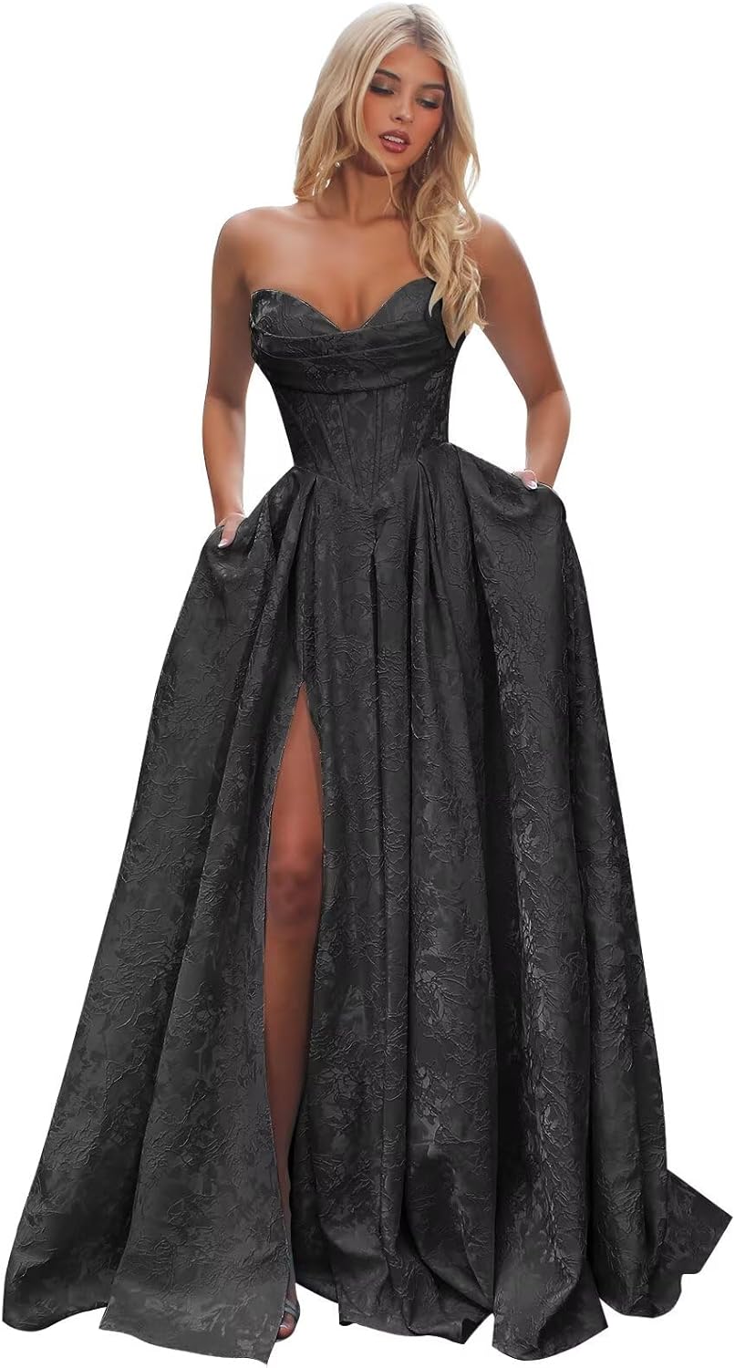 Satin Prom Dresses A Line Corset A Line Strapless Ball Gown with Slit