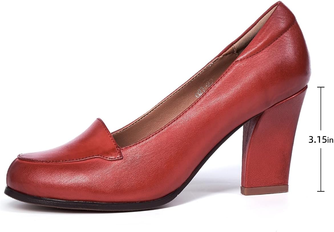 Mona flying Women's Leather Closed Round Toe Chunky High Heel Pumps Formal Court Shoes Office Work Dress Shoes for Ladies