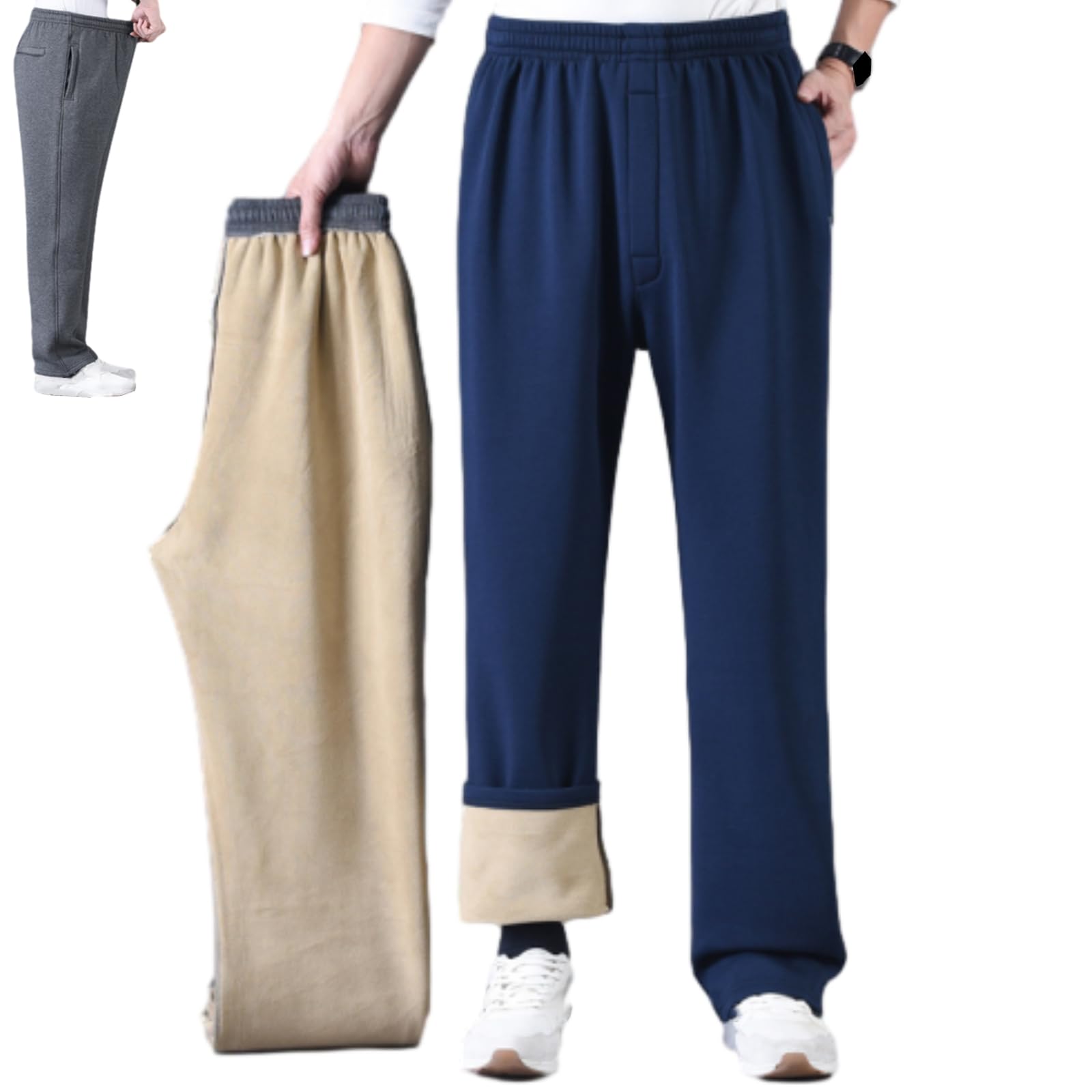 Pantaloni invernali foderati in caldo pile per uomini anziani, da uomo, casual, con elastico in vita, termici e comodi, in cotone, con coulisse e tasche con cerniera, cerniera frontale