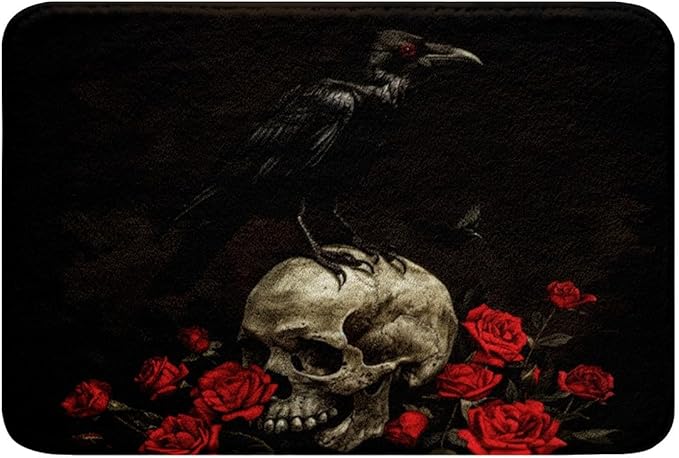 Sugar Skull Doormat for Boys Girls Kids Halloween Themed Rugs Gothic Style Area Rug Black Crow Red Rose Floral Print Bath Mat Halloween Decorations Bathroom Rugs 16