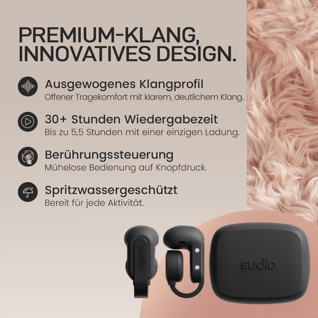 sudio B3 True Wireless Kopfhörer Kabellos Bluetooth 6.0 | Offene Clip-On Earpods | Multipoint Verbindung | 30h Spielzeit | Touch Steuerung | Schweiß & Spritzwassergeschützt | USB-C Ladecase | Schwarz