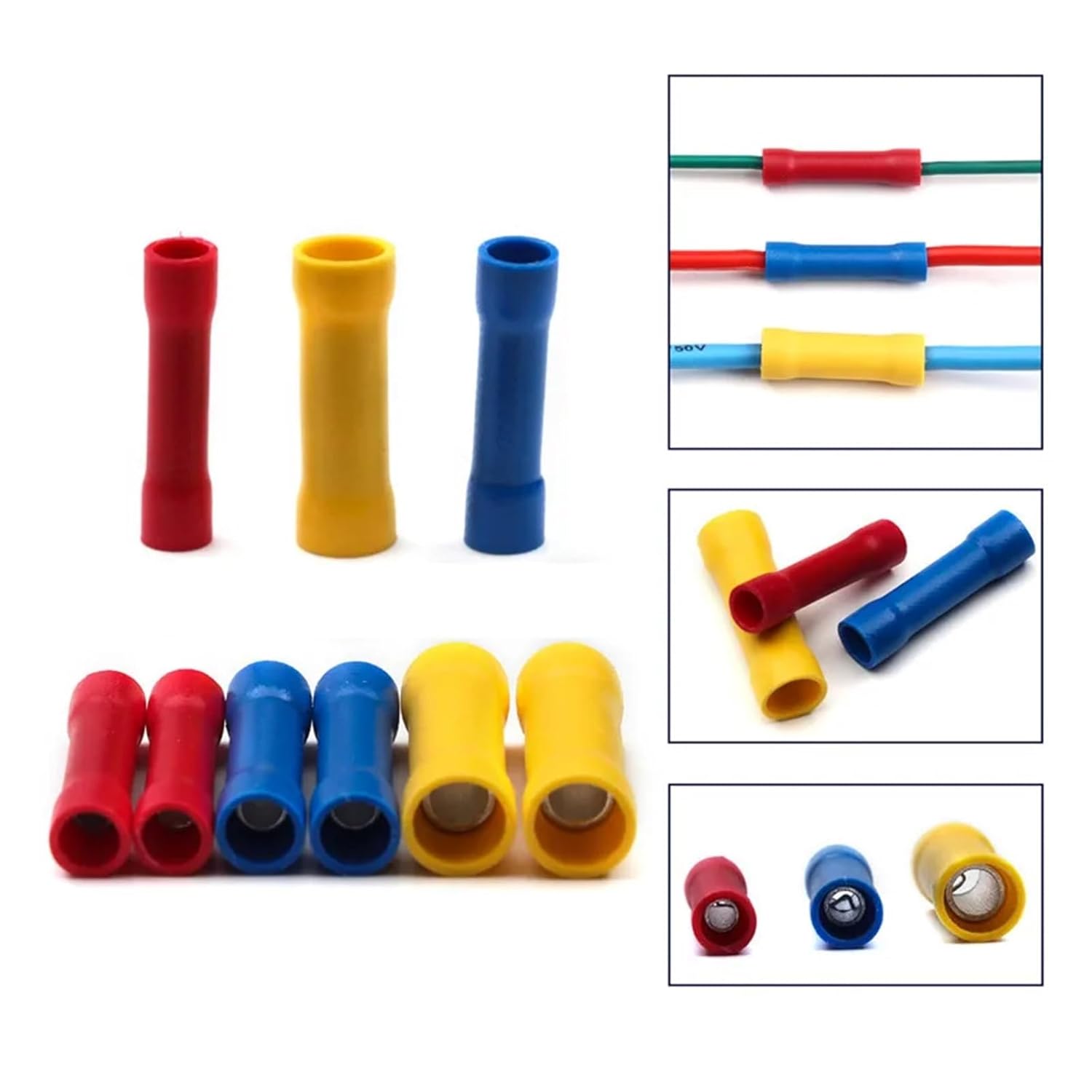 50/100個 電線圧着端子キット 絶縁ストレートバット圧着ワイヤスプライスコネクタ レッド イエロー ブルー セット(50個)