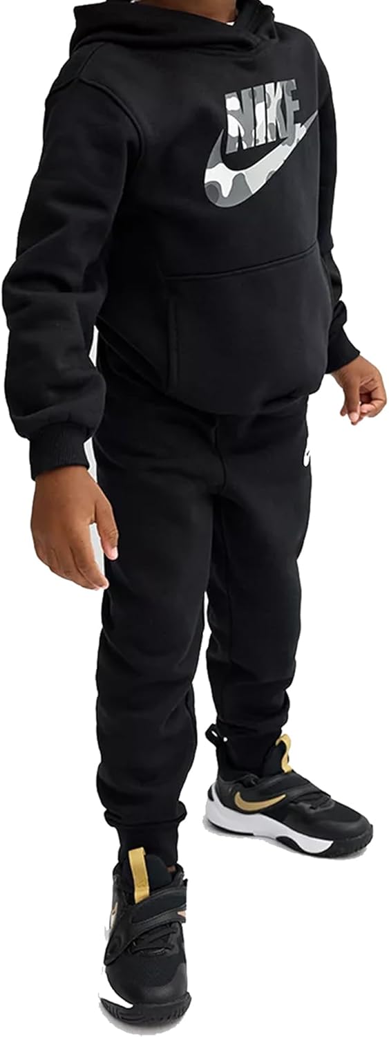 Nike Boys Sweatsuit Club Camo Futura Pullover Black Hoodie and Joggers Set Big Swoosh Logo