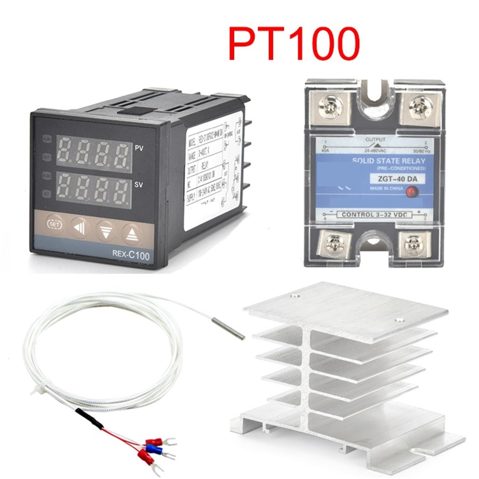 Controlador de temperatura Digital REX-C100 PT100, termostato con salida SSR, relé 40DA SSR, disipador de calor de radiador de aluminio, resistencia de 1m, 1 Uds.(Set 4)