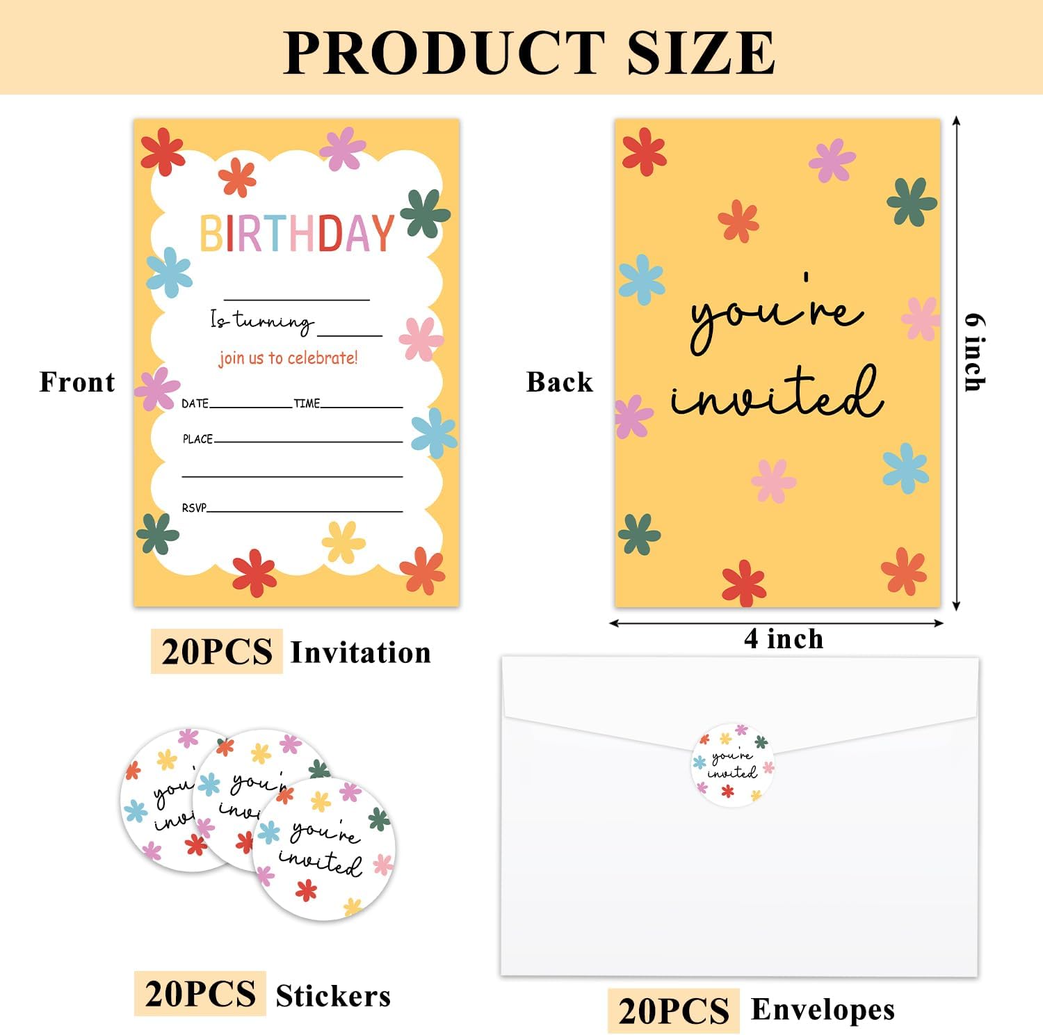 Colorful Daisy Flower Birthday Party Invitations, Yellow Invites Cards with Envelopes and Sticker (20 Pack), Birthday Party Decorations Supplies /01
