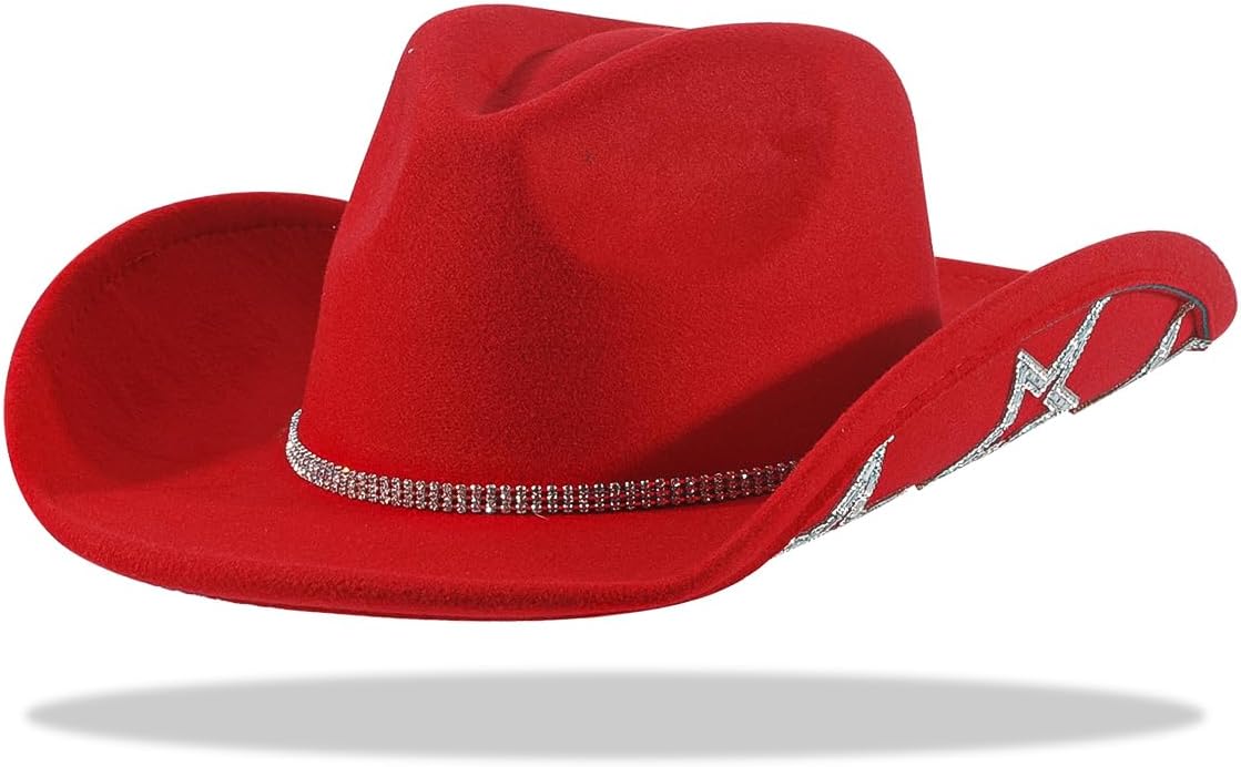 Women Rhinestone Cowboy Hat Weatern Sparkly Star Wide Brim Cowgirl Hats Party Glitter Silver Ladies Size M-L