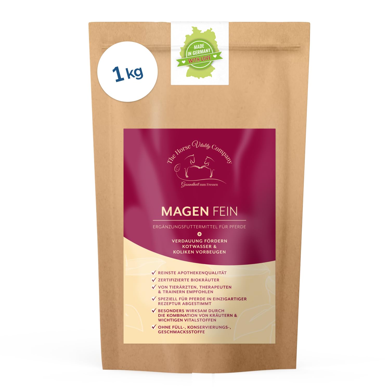 The Horse Vitality Company Magenfein 1 kg Pulver | Ergänzungsfuttermittel für Pferde mit Kräutern & Vitalstoffen | Verdauuung, Koliken, Kotwasser | 100% natürlich | Made in Germany