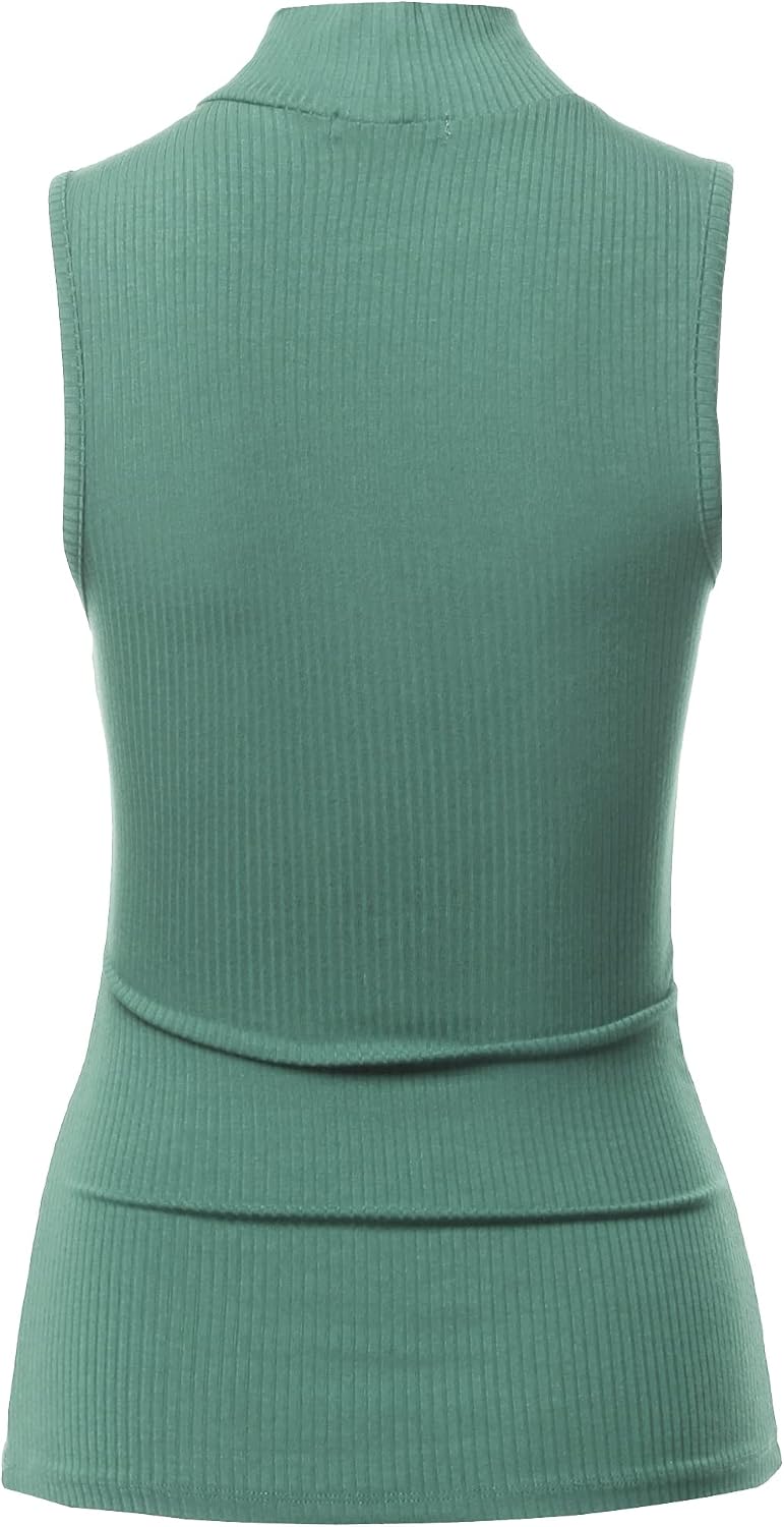 Women's Solid Stretch Ribbed Sleeveless Mock Turtle Neck Knit Top