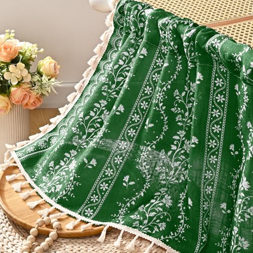 Image of Yinhua Boho Valance Curtains Vintage Linen Kitchen Valances for Windows Light Filtering Bohemian Floral Valance Rod Pocket Tassel Window Valances for Bathroom Cafe, 52 inch W X 18 inch L, Olive Green