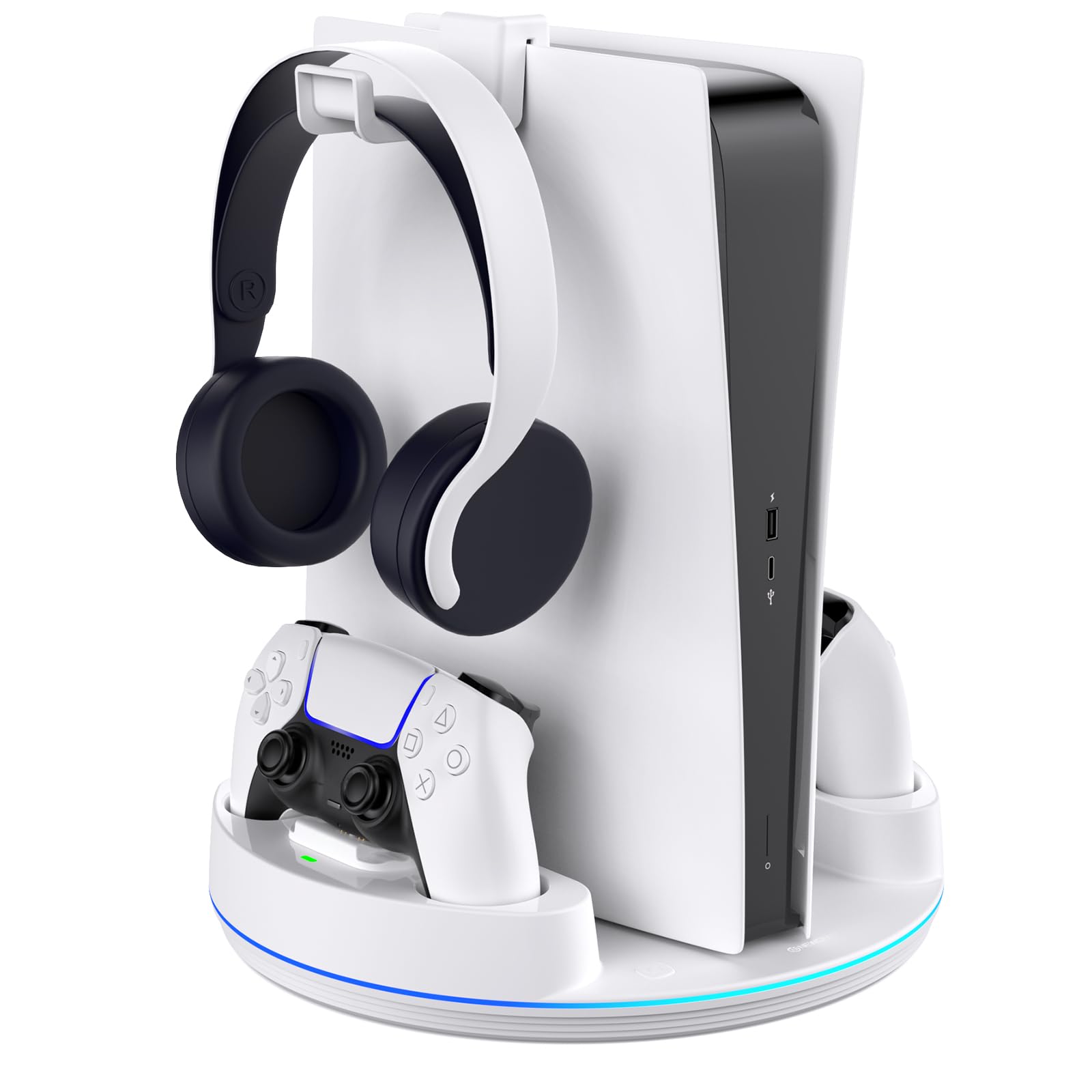 NEWDERY per PS5/PS5 Slim/PS 5 Pro Stand, stazione di ricarica doppio controller con luce RGB per PlayStation 5, supporto verticale per Playstation 5 Digital/Disc Console, bianco