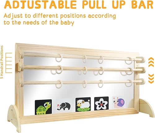Miniatura 3 de Espejo Montessori con barra, barra de dominadas ajustable de madera para bebé, piso y pared, inastillable, seguridad, coordinación infantil, muebles
