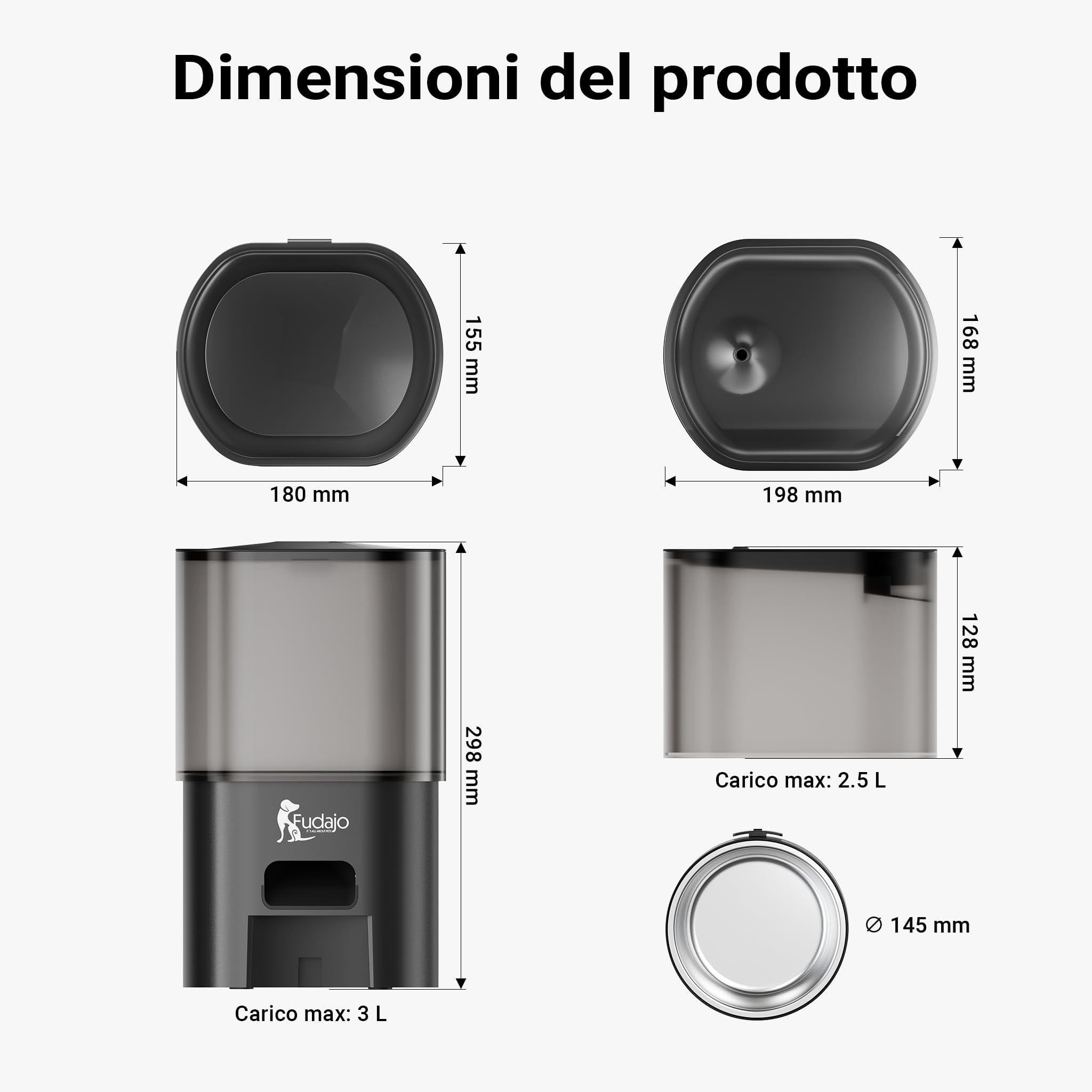 Fudajo Mangiatoia e abbeveratoio automatico per cani e gatti, distributore automatico di cibo da 3 litri e abbeveratoio da 2,5 litri, controllo mangime via app, colore nero