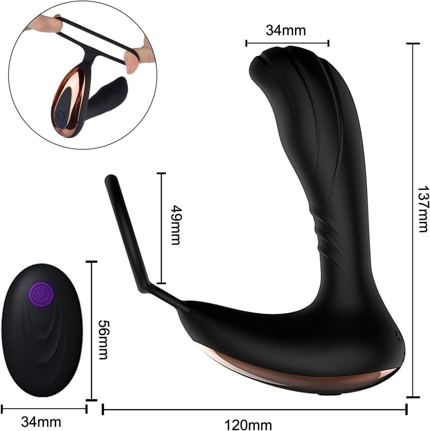 Massaggiatore con telecomando, dotato di plug anale vibrante e anello anale, realizzato in silicone