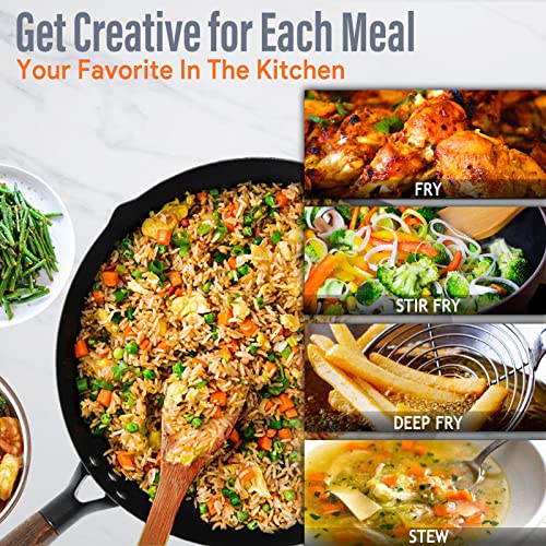 Carbon Steel Wok Pan 13\" with Wooden Cover - Chinese Wok with Flat Bottom Pow Wok, 5 Cookware Accessories, Deep Frying Pan Skillet, For Electric,Induction and Gas Stoves