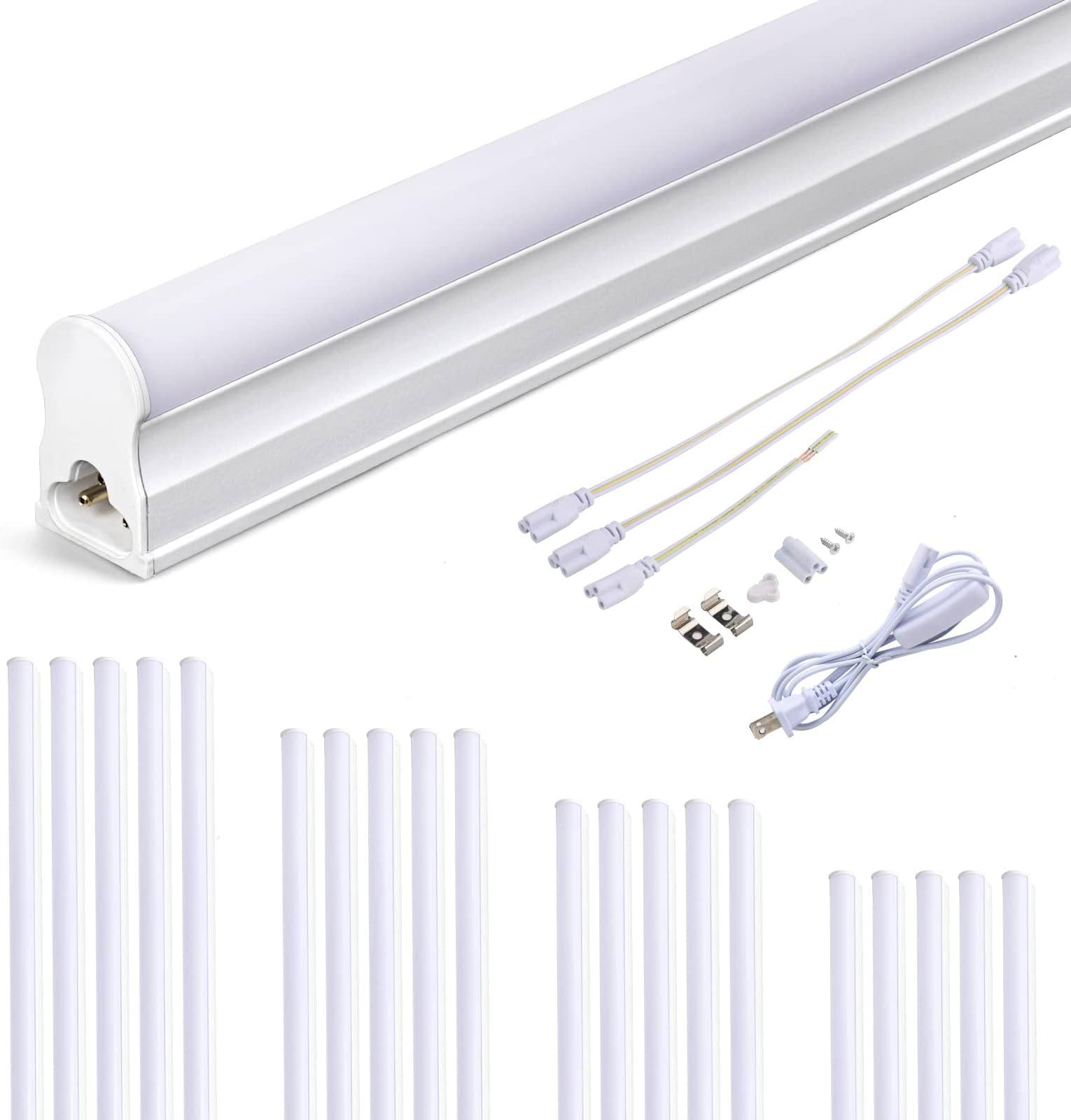 20-Pack LED T5 Integrated Single Fixture, 4FT Linkable LED Shop Light, 20W T5 Tube Lights for Garage Warehouse Workshop Basement, 2200lm, 6500K(Cool White), Plug&Play, Built-in ON/Off Switch