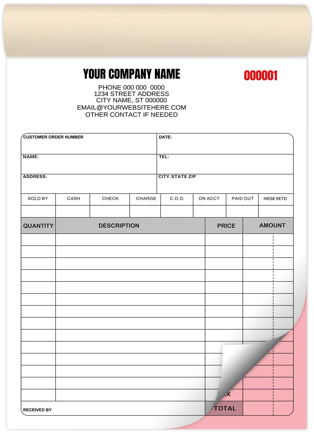 Custom NCR Duplicate Forms Invoices, Receipts, Work Orders, Sales Orders, Purchase Orders, Estimates, with Your Company Name Logo,Address,2 Books (100 Sets) (Template 6)