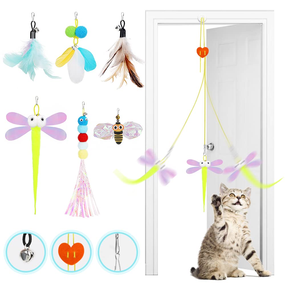 HomeChi 6 Pack Interactive Cat Feather Toys - Interchangeable Kitten Teaser Toy With Bells And Plush - Hanging Interactive Cat Toys For Indoor Cats Kitten Play Chase Exercise