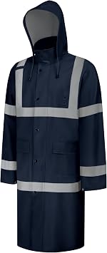 High Visibility Rain Coat, High Vis Rain Suit for Men Women, Waterproof Rain Jacket with Hood, Class 3 Lightweight Hi Vis Rain Gear for Outdoor Activities& Safety Work, Dark Blue Long, M