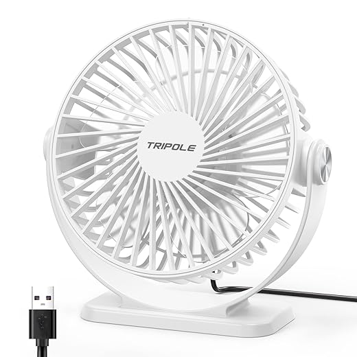 TriPole Small Desk Fan USB Powered Personal Fan 3 Speeds Strong Airflow Mini Fans 360°Rotation Portable 5.1 Inch Table Fans for Home Office Bedroom Desktop, White, 4.9ft Cable