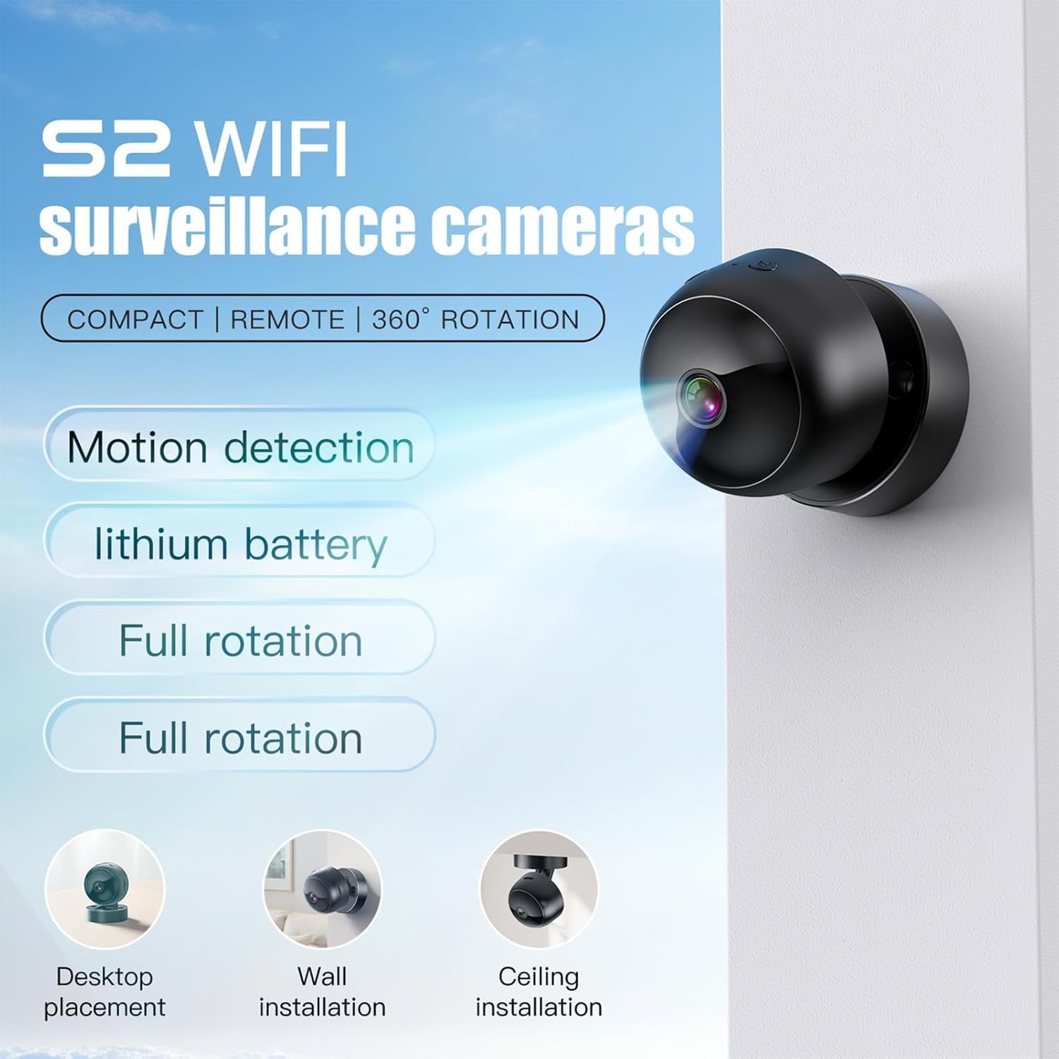 BestYiJo Simple Mini Indoor Camera, 1080P HD Indoor Security Camera for Basic Checking, 70 Minutes of Battery Life in Wireless Mode, Baby/Pet Monitoring (Circular)