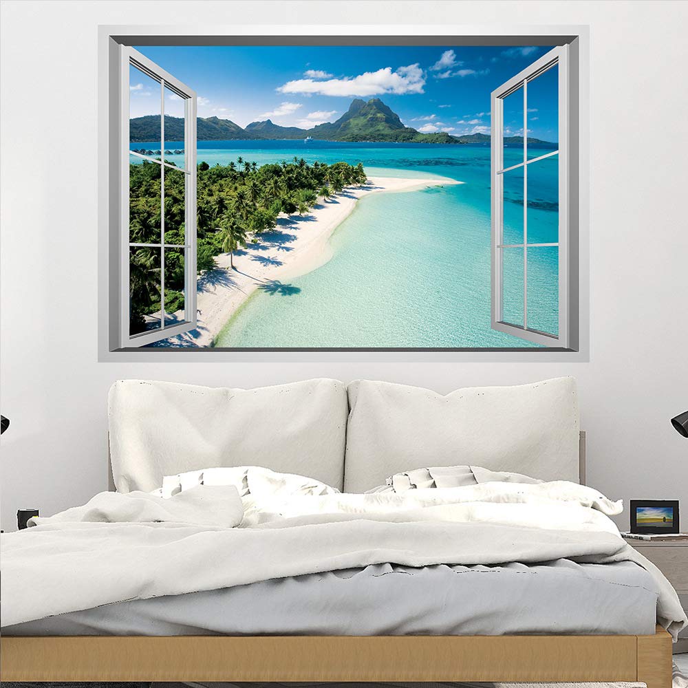 Lichi Pegatina de Pared 3D de Ventana Falsa de Escena de Playa en Isla, Vinilo Decorativo para Decoración del Hogar