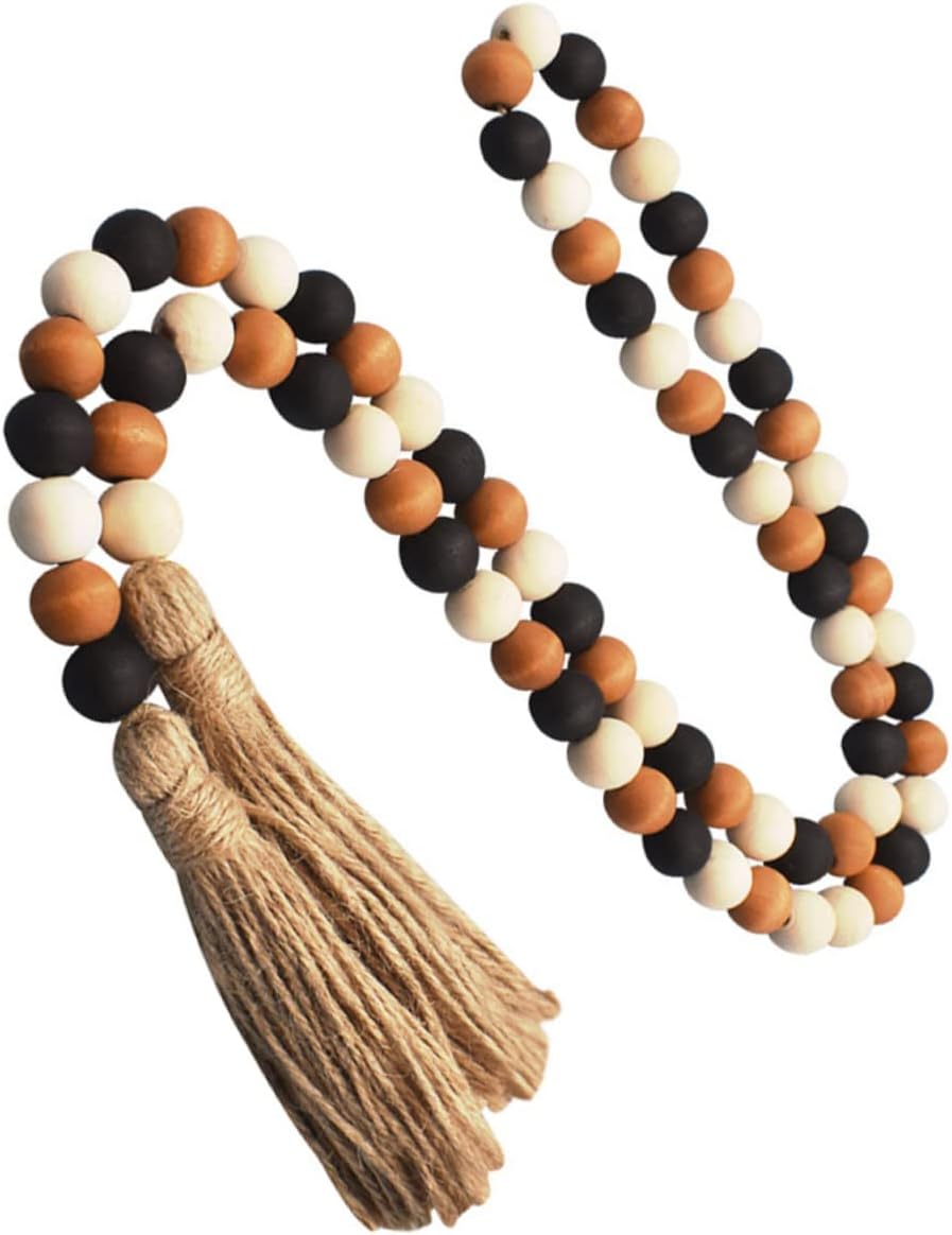 Luxshiny Farmhouse Wood Bead Garland with Tassels Rustic Home Hanging Decor for Tiered Tray Wall and Beaded Decoration for Festive Occasions and Everyday Use