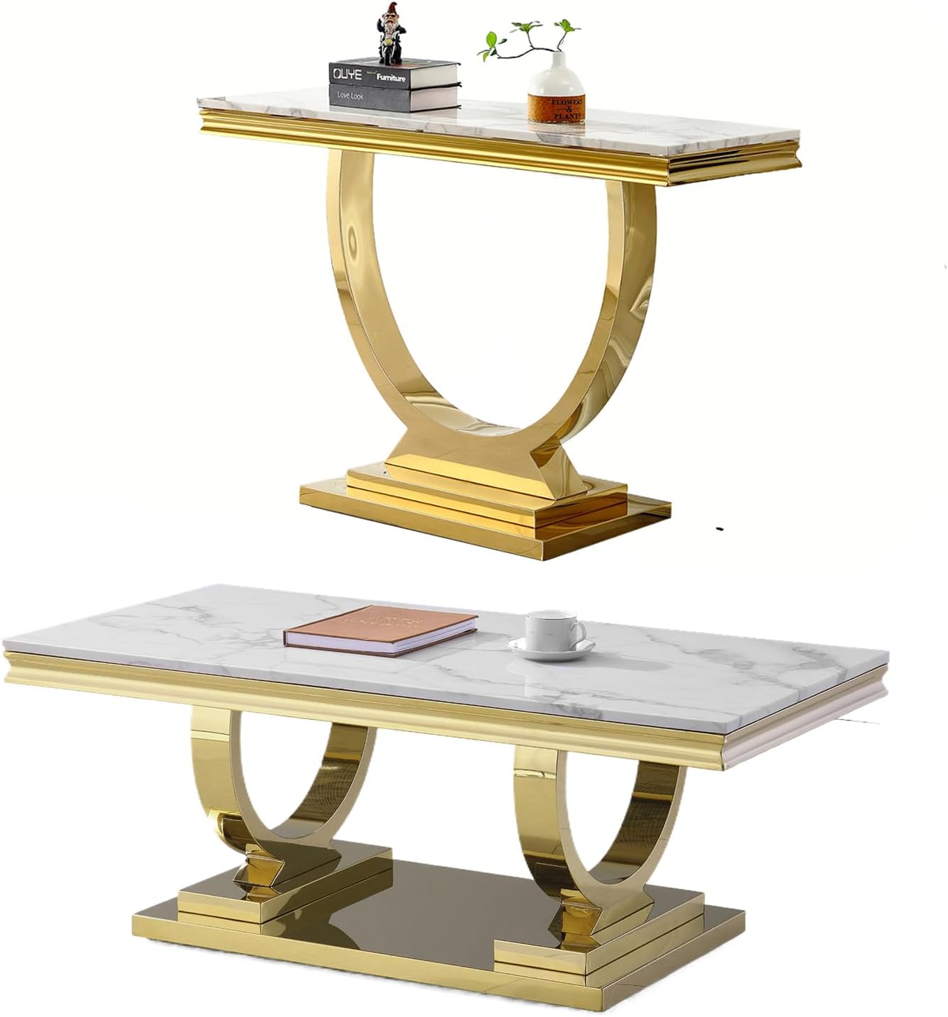 Black Coffee Table and End Table Sets, 3 Piece Marble Living Room Table Set 1 Coffee Table and 2 End Tables,Modern Faux Marble Top with Gold Stainless Steel Frame for Living Room