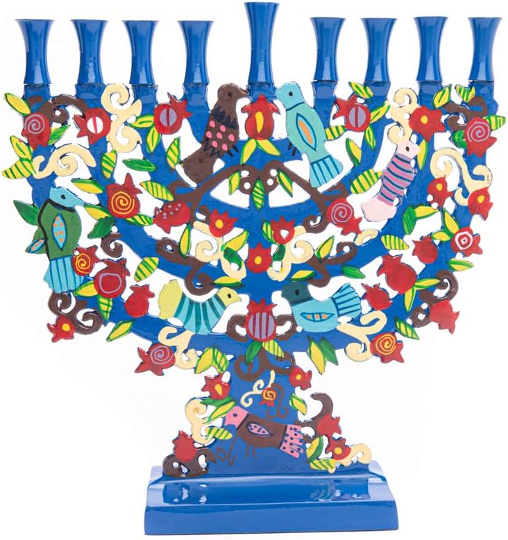 Yair Emanuel Large Blue Menorah with a Tree Design and Birds in Lazer-Cut Metal