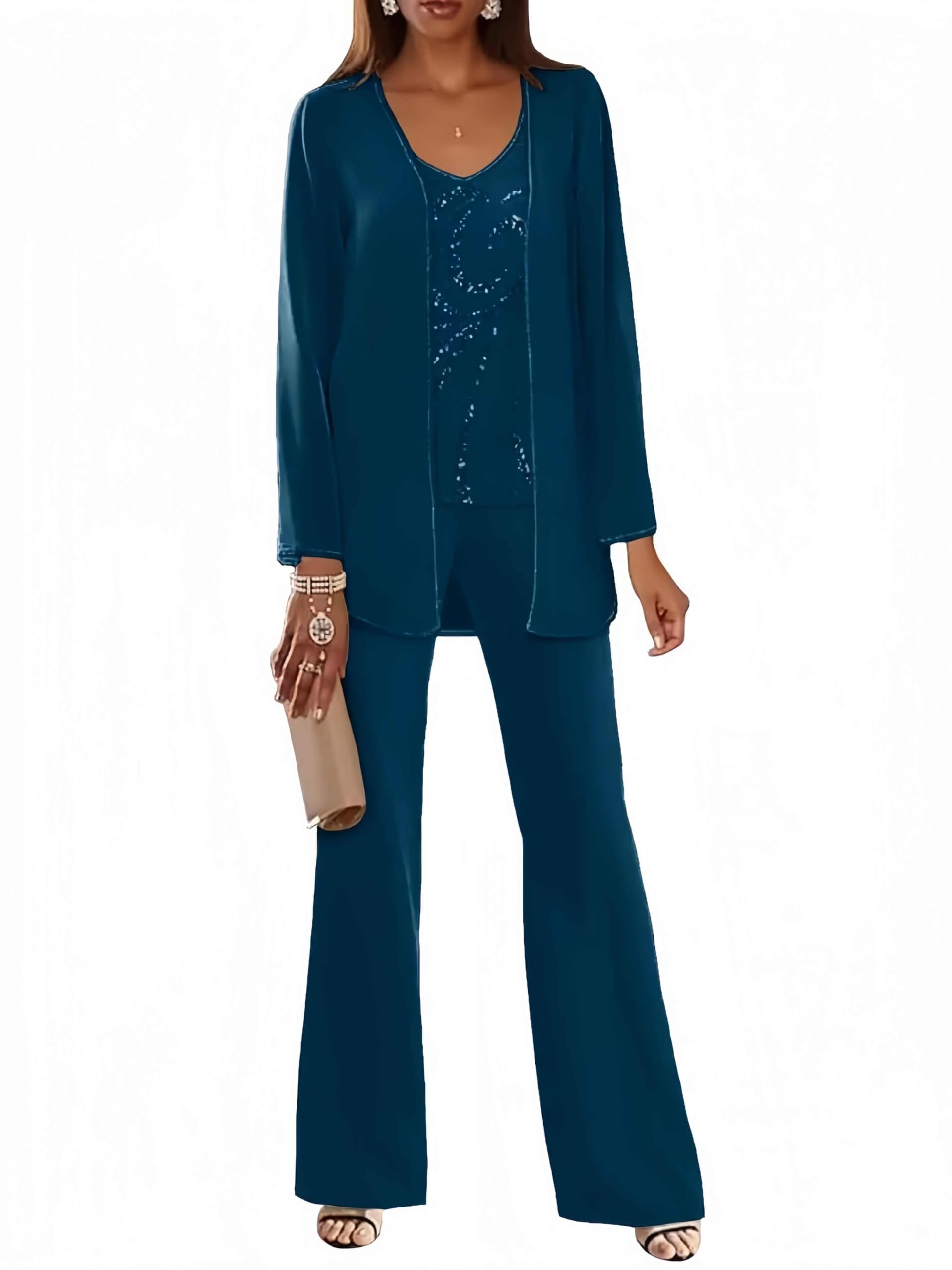 Womes Chiffon Mother of The Bride Pant Suits with Jacket Sequin 3 Pieces Formal Wedding Outfits