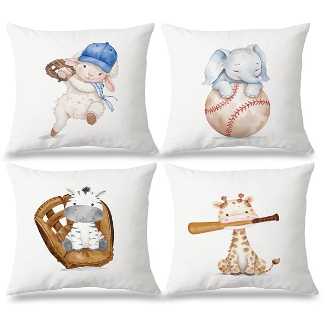 JINYO Baseball Animal Nursery Pillow Covers 18x18 Set of 4 Baseball Decorative Pillow Covers for Living Room Bedroom