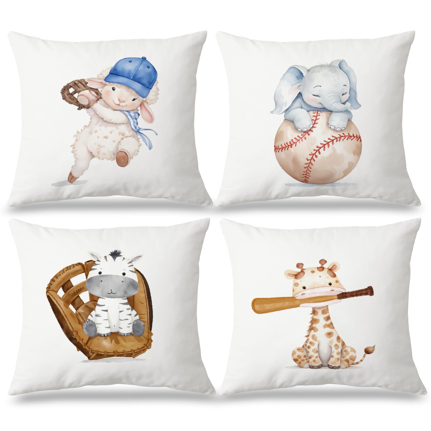 JINYO Baseball Animal Nursery Pillow Covers 18x18 Set of 4 Baseball Decorative Pillow Covers for Living Room Bedroom