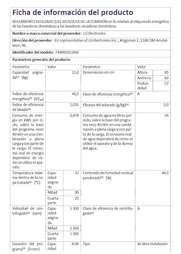 LG F4WR5011A6F, Lavadora inteligente AI Direct Drive, Vapor Steam, 11kg, 1400rpm, Un 10% más eficiente que A, Serie 500, Blanco