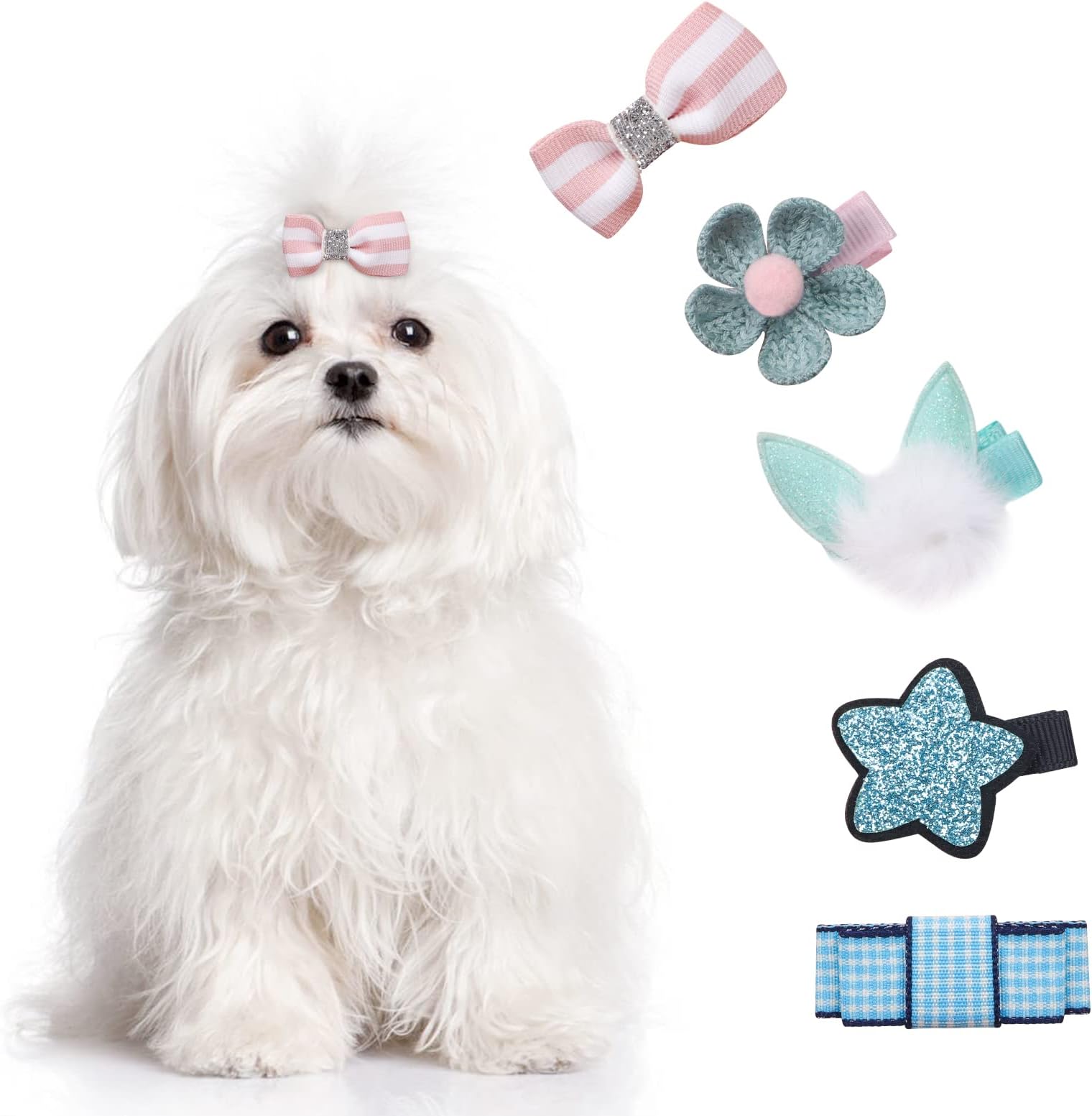 PetsHome Dog Hair Clips 5 Pcs Cat Dog Hair Bows Pet Hair Barrettes Crown Hair Pins Handmade Cute Patterns Dog Grooming Hair Accessories for Pet Cat Dog Blue