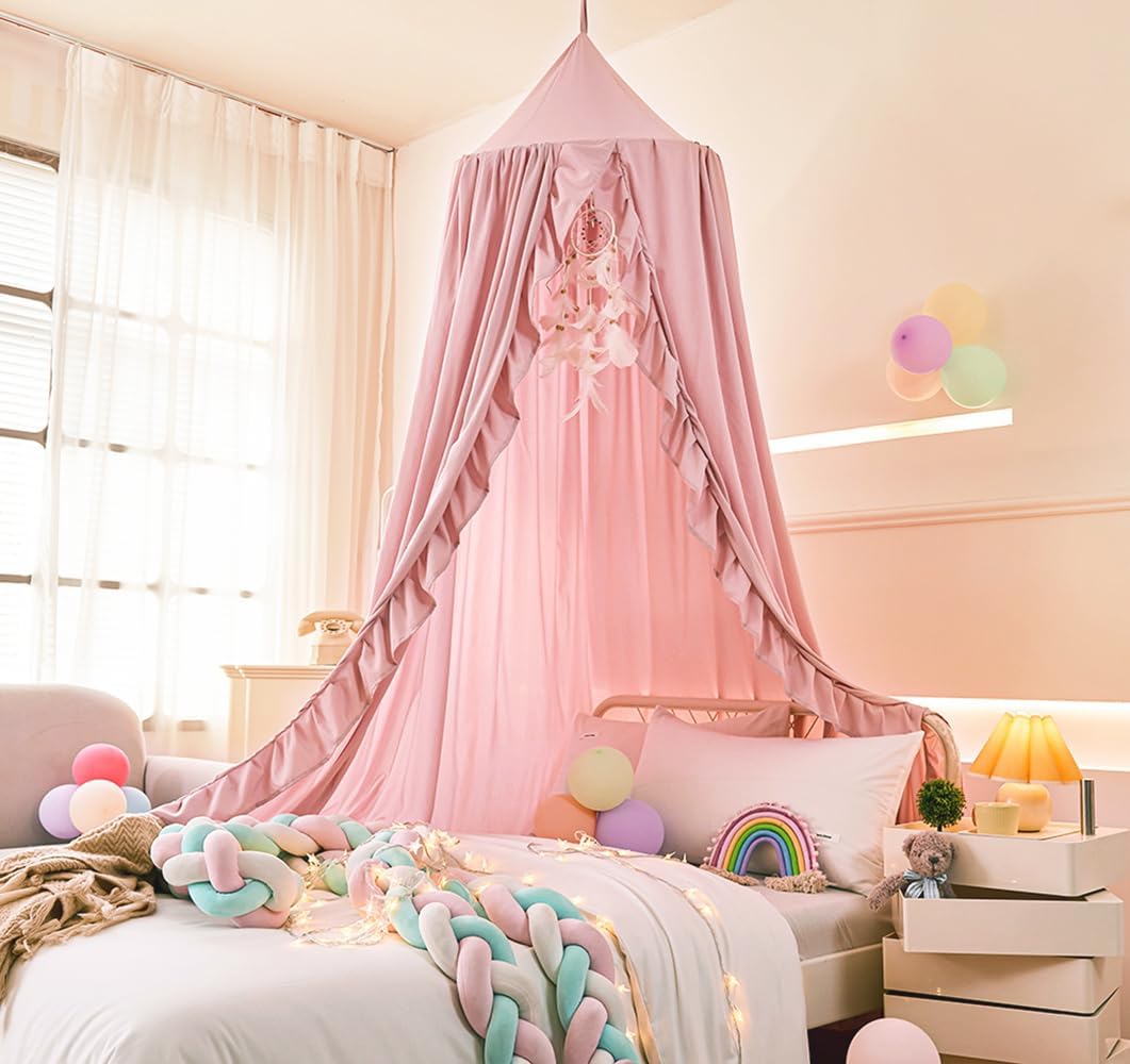 Mengersi Ruffled Bed Canopy for Girls - Princess Hanging Curtains, Play Tent for Reading Nook, Beige Pink Room Decor (94.5" Height)